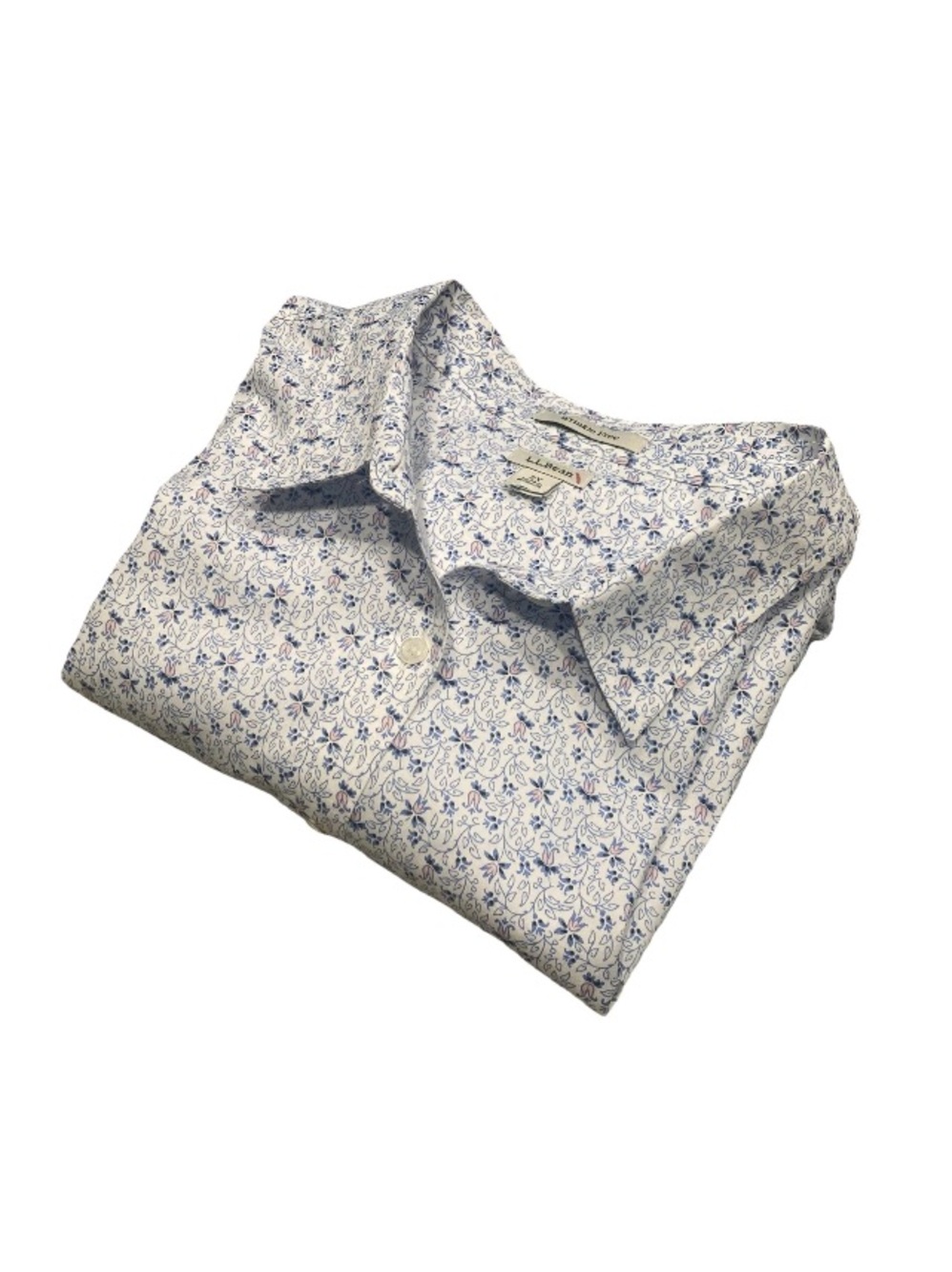 LL Bean Woman’s 2X Floral Print Button-Down Shirt - White & Blue